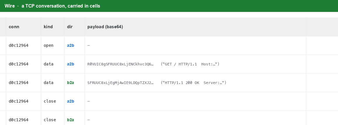 The Wire tab: a full TCP conversation carried in cells